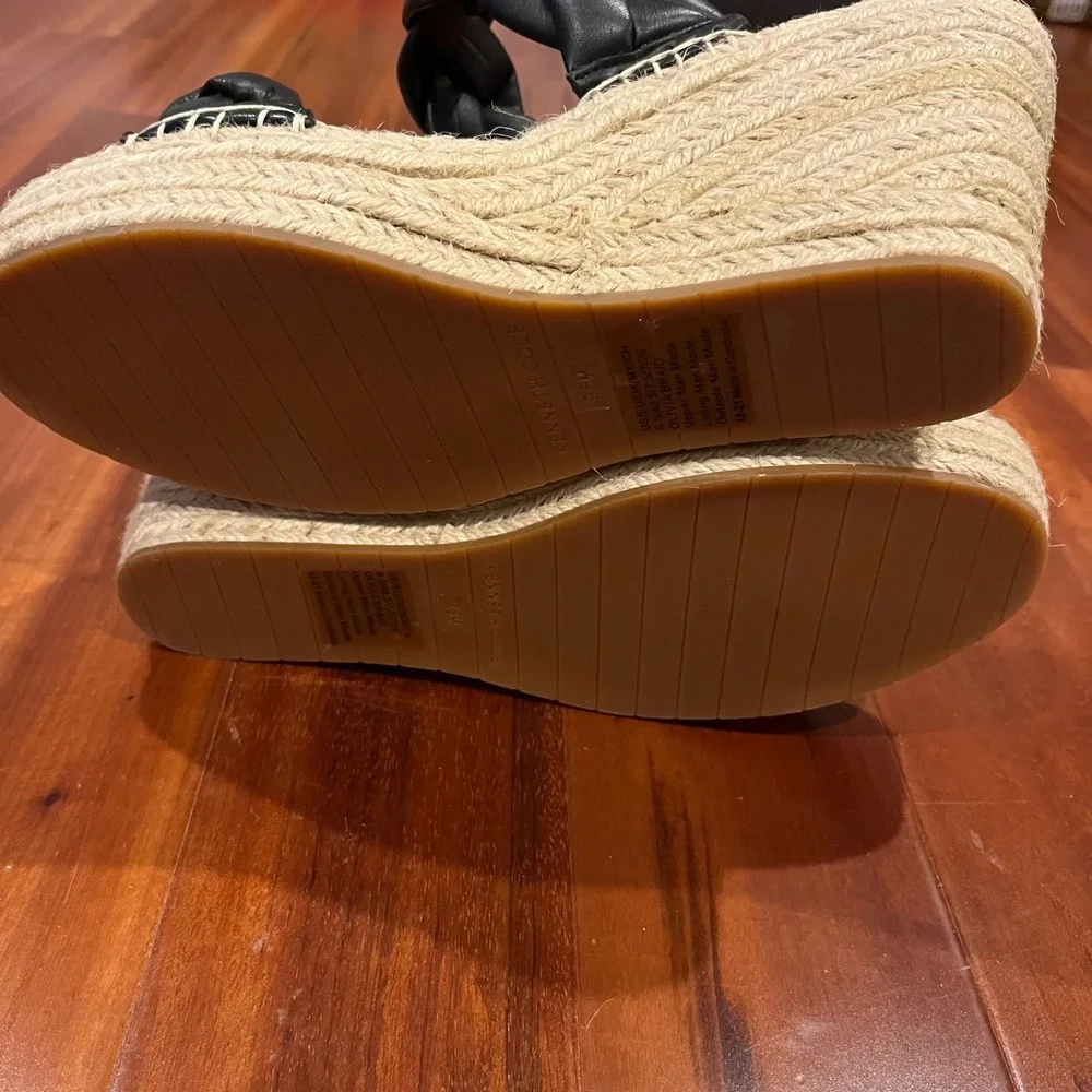 Black Espadrille Wedge Sandals Shoes Kenneth Cole Olivia Braid Rattan New Sz 9.5